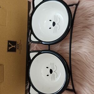 Brand New Y YHY 2PC CERAMIC ELEVATED PET DISHES BOWLS W/STAND